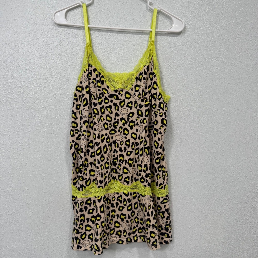 Sanrio Hello Kitty Leopard Print Sleep Chemise Neon Yellow Lace Trim XL‎ Cotton